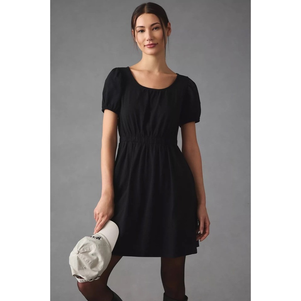 Anthropologie Black Puff-Sleeve Scoop-Neck Mini Dress